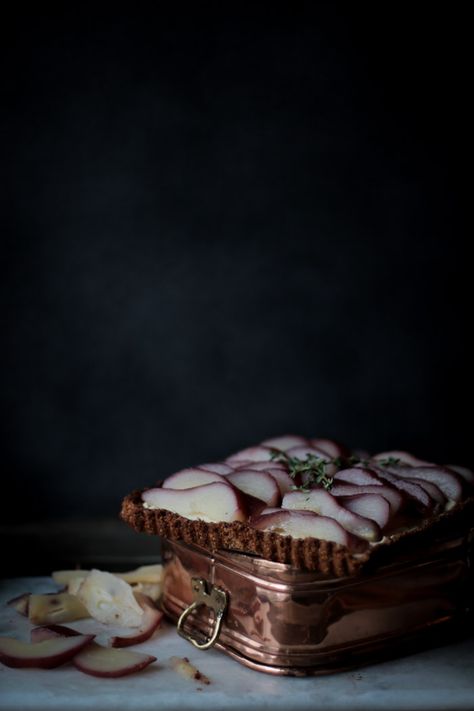 Bergamot Mascarpone Hazelnut Tart with Red Wine & Pomegranate Poached Pears by Christiann Koepke of PortlandFreshPhoto.com-23 Hazelnut Tart, Dark Food Photography, Gluten Free Cupcakes, Dessert Photography, Poached Pears, Beautiful Food Photography, Savory Tart, Beautiful Desserts, Chocolate Pies