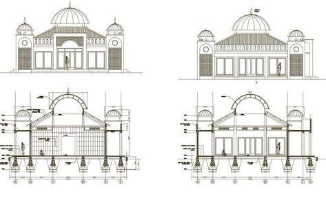 Elevation drawing of the mosque in dwg file Mosque Section, Section Detail, Side Elevation, Section Design, Church Building Design, Mosque Design, Elevation Drawing, Mosque Art, Famous Architecture