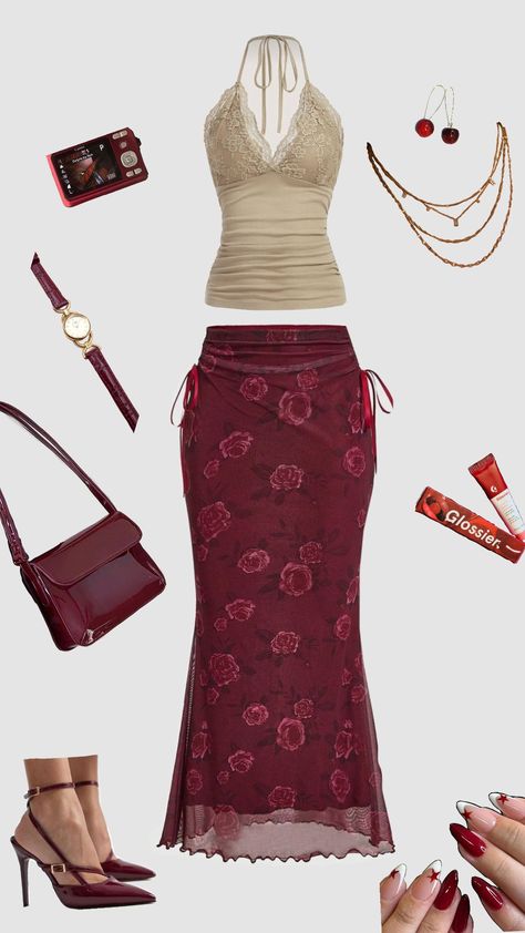 wine red outfit inspo Red Earthy Outfit, Persephone Outfit Aesthetic, Pomegranate Outfit, Persephone Aesthetic Outfit, Wine Red Outfit, Pomegranate Aesthetic, Indie Goth, New Year’s Eve Outfit, Y2k Fits