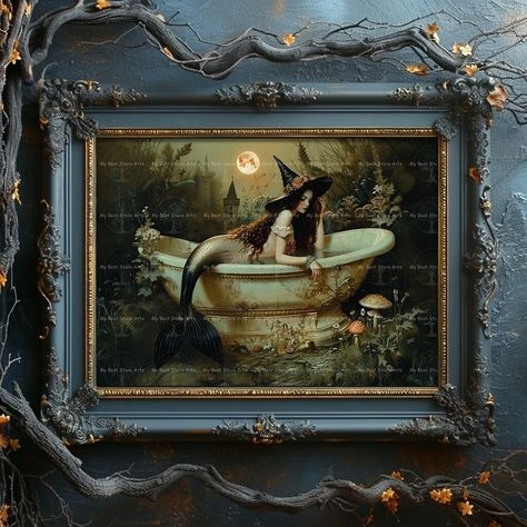 Witchy Siren in Bathtub Fine Art Print Cottagecore Fantasy Wall Decor, Moody Gothic Picture, Dark Mermaid Poster, Moonlight Nymph, D349 - Etsy Canada Witchy Mermaid, Mermaid Prints, Picture Dark, Gothic Pictures, Dark Mermaid, Mermaid Poster, White Artwork, Dark Cottagecore, Artist Alley