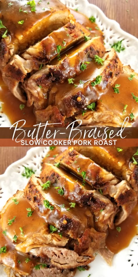 Butter-Braised Slow Cooker Pork Roast with Pan Gravy! A fork-tender pork loin drenched in sizzling butter seasoned with Cajun spices cooked to perfection in the crock pot plus a simple pan gravy. Pork Roast Crock Pot, Pork Roast Crock Pot Recipes, Slow Cooker Pork Recipes, Roast Crock Pot Recipes, Loin Roast Recipes, Roast Crock Pot, Slow Cooker Pork Loin, Pork Crockpot, Crockpot Pork Loin