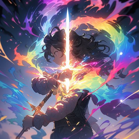 the sai shi hili is holding a rainbows sword, in the style of cyril rolando Cyril Rolando, Rainbow Character, Anime Rainbow, Rainbow Anime, Magic Rainbow, Dark Rainbow, Rainbow Magic, Rainbow Fire, Dnd Art