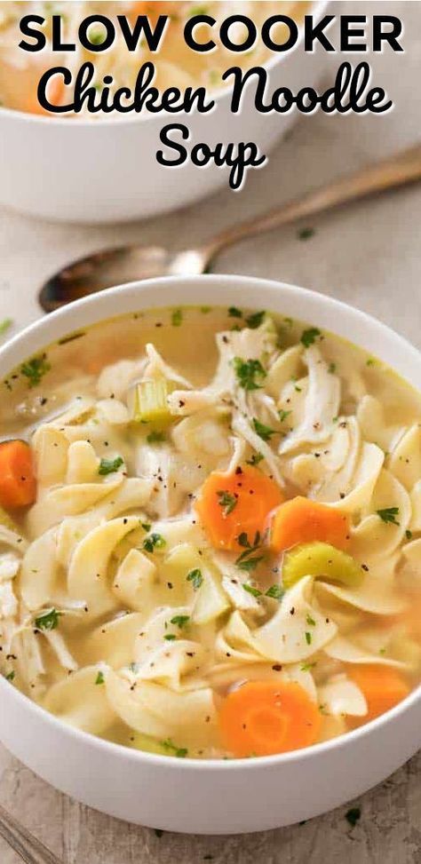 Soul-warming and hearty, this crockpot chicken noodle soup is a homemade version of the classic comfort food you grew up with! #chickennoodle #crockpotrecipe #slowcookerrecipe #chickensoup #spendwithpennies Soup Chicken Noodle, Crockpot Chicken Noodle Soup, Slow Cooker Chicken Noodle Soup, Chicken Noodle Soup Recipe Homemade, Chicken Noodle Soup Crock Pot, Homemade Chicken Soup, Chicken Noodle Soup Easy, Soup Chicken, Crock Pot Recipes