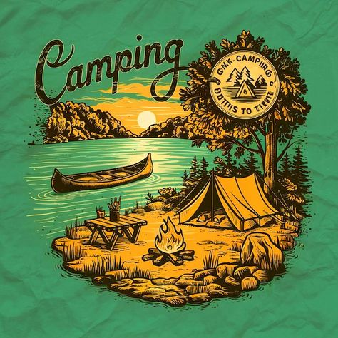 Vintage Camp Poster, Campfire Graphic Design, Camp Illustration, Camping Gear Illustration, Retro Camping Illustration, Lincoln Nh, Camping Illustration, 1930s Camping, Camp Lake