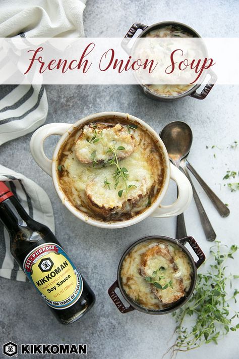 Asian Style French Onion Soup | Looking for a twist on regular French onion soup? You’ll love this Asian fusion recipe – it��’s fancy enough for dinner parties, but easy enough to make for everyday meals, too. Combine onions, cheese, and beef broth with Kikkoman®️️ Soy Sauce, and this savory favorite will soon become your go-to appetizer or quick meal! #Kikkoman #frenchonionsoup #soups #asianfusion Easy French Onion Soup Recipe, Crockpot French Onion Soup, Best French Onion Soup, Classic French Onion Soup, Onion Soup Recipe, Bariatric Food, Savory Bites, French Onion Soup Recipe, Onion Soup Recipes