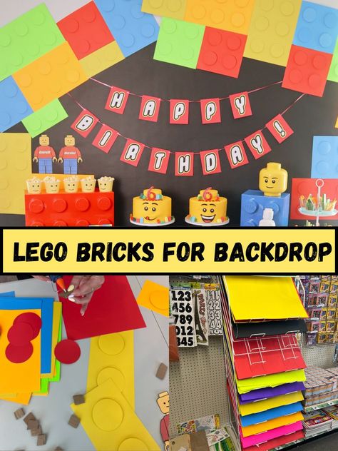 The best Lego birthday decorations - Coco's Caravan Lego Backdrop, Superhero Backdrop, Red Ribbon Week, Lego Birthday, Lego Party, 5th Birthday Party, Birthday Board, Lego Brick, School Board