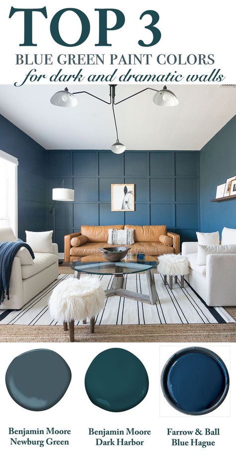 Top 3 Blue Green Paint Colors for Dark and Dramatic Walls #ccandmike #homedecor #decortips #designtips #colortips Rooms With Colored Walls, Office With Blue Accent Wall, Dark Blue Green Walls, Comfy Waiting Room, Dark Blue Walls Living Room, Blue Green Paint Colors, Green Bedroom Colors, Blue Green Paint, Points Design