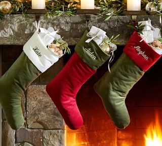 Velvet Stockings Pottery Barn Stockings, Green Christmas Stocking, Pottery Barn Christmas Decor, Simple Stocking, Plaid Stockings, Pottery Barn Christmas, Traditional Holiday Decor, Holiday Icon, Personalized Stockings