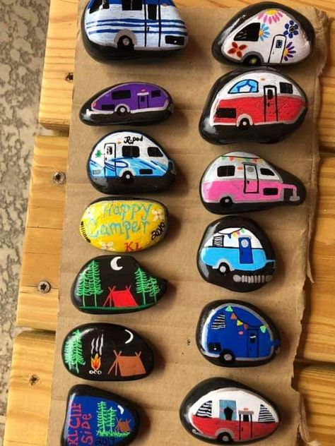 Campground Crafts, Mini Caravan, Painting Stones, Stone Pictures Pebble Art, Happy Rock, Diy Rock Art, Little Shop Of Horrors, Painted Shells, Rock Painting Patterns