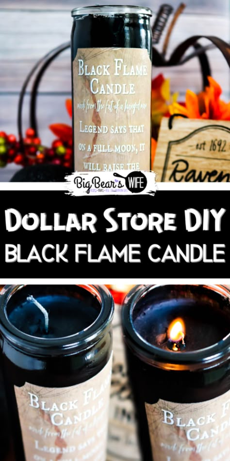 Dollar Store DIY Black Flame Candle - If you love the movie "Hocus Pocus" you need to stop what you're doing now and run to the Dollar Tree because I'm going to show you how to make your own Dollar Store DIY Black Flame Candle! Diy Black Flame Candle, Hocus Pocus Party Decoration, Hocus Pocus Decorations, Hocus Pocus Movie, Hocus Pocus Party, Hocus Pocus 2, Black Flame Candle, Flame Candle, Halloween Movie Night