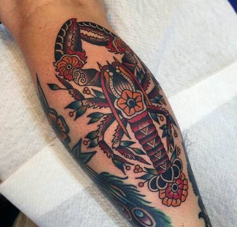 Guys Crawfish Traditional Old School Leg Tattoos Crawfish Tattoo, Idle Hands Tattoo, Louisiana Tattoo, Maine Tattoo, Lobster Tattoo, Sea Life Tattoos, Nautical Tattoos, Tattoo Ideas For Guys, Bike Tattoos