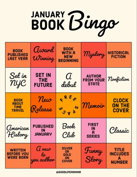 Book Bingo for January Good Life January Book Bingo, January Book Challenge, January Templates, Bujo Reading, Aesthetic Challenge, Book Exchange Party, January Book, Book Bingo, Book Spread