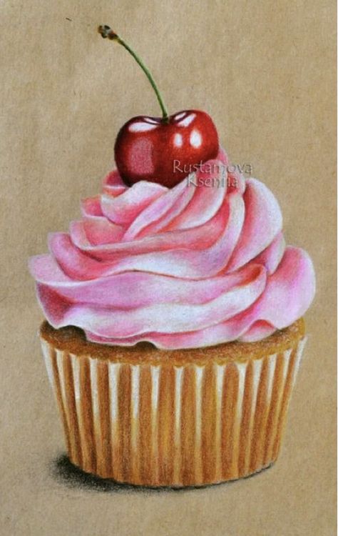 Cupcake Drawing Colored Pencil, Cake Drawing Color Pencil, Realistic Cupcake Drawing, Dessert Drawing Realistic, Cake Colour Painting, Cake Drawing Realistic, Realistic Food Drawings, Drawing Realistic Colored Pencils, Coloring Pencils Drawing