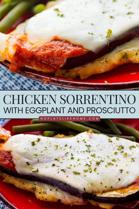 This flavorful and Easy Italian Chicken Sorrentino with Eggplant and Prosciutto recipe is topped with tomato sauce and provolone cheese. With step-by-step instructions you can make this tasty, restaurant-quality dinner to serve your family or friends. It's a gluten-free and low-carb main dish that's easy. Click the link to get the recipe! Chicken Sorrentino Recipe, Chicken Sorrentino, Turkey Delight, Easy Italian Chicken, Prosciutto Recipe, Grilled Chicken Sandwich Recipes, Chicken Eggplant, Prosciutto Recipes, Flexitarian Recipes