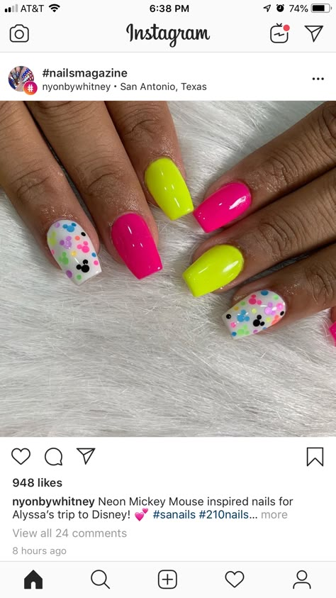 Neon Mickey Nails, Disney Nails Neon, Disney Flower And Garden Nails, Neon 90s Nails, Disney Pride Nails, Disney Flower Nails, Disney Nails Design Ideas, Rainbow Disney Nails, Disney Beach Nails