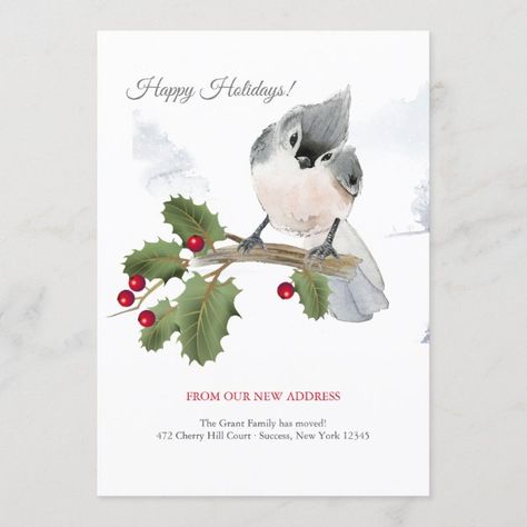 Tufted Bird On Berry Branch Holiday Moving Announ Invitation Christmas Moving Announcement, Holly Branch, Berry Branch, New House Announcement, Moving Announcement, Moving Announcements, New Address, Christmas Bird, Holiday Invitations