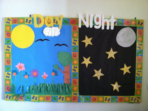 Day/night bulletin board. By Kristin T. Day And Night Classroom Display, Day And Night Bulletin Board Ideas, Theme Ideas For Preschool, Starting A Daycare Center, Cloud Activities, Eld Ideas, Bullentin Boards, Starting A Daycare, Nighttime Sky