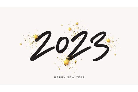 2023 Happy New Year banner. Holiday banner with 2023 happy new year symbol, golden stars and confetti. Vector illustration with black holiday icon isolated on white background. 2023happy New Year, New Years 2023, Happy 2023, Hello 2023, New Year Symbols, 2023 Happy New Year, Year Wallpaper, Happy New Year Banner, New Year Banner