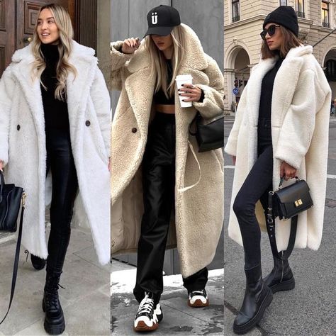 Beige Fur Coat Outfit, Teddy Jacket Outfit, Beige Fur Coat, Teddy Coat Outfit, New York Winter Fashion, White Long Jacket, Nyc Winter Outfits, White Streetwear, Fur Coat Outfit