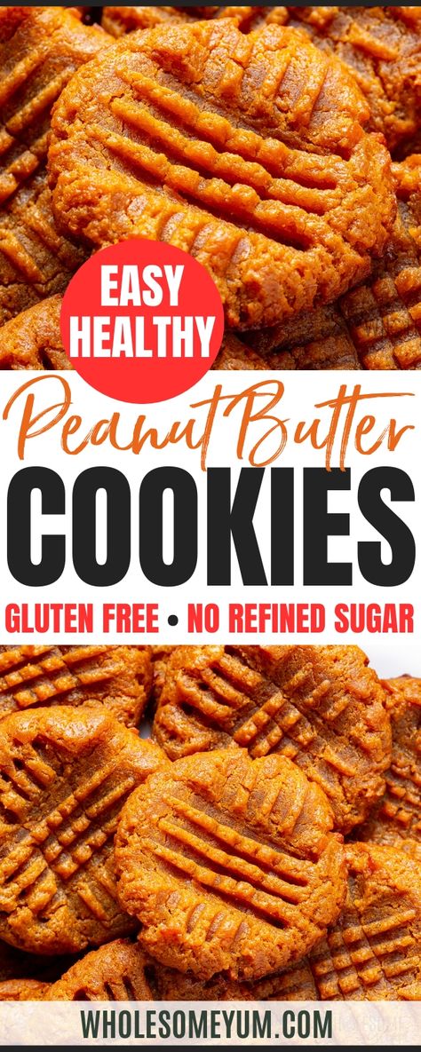 My sweet, chewy, and healthy peanut butter cookies have just 4 simple ingredients and no refined sugar. These healthy cookies are the perfect dessert recipe for a quick treat anytime, or for the holiday season! Clean Peanut Butter Cookies, Healthy Peanut Butter Cookie Recipes, Peanut Butter Cookies With Applesauce, Healthy Cookies Peanut Butter, Low Cholesterol Desserts Healthy Recipes, Keto Peanut Butter Cookies Coconut Flour, Peanut Butter Healthy Cookies, 3 Ingredient Healthy Cookies, No Refined Sugar Cookies