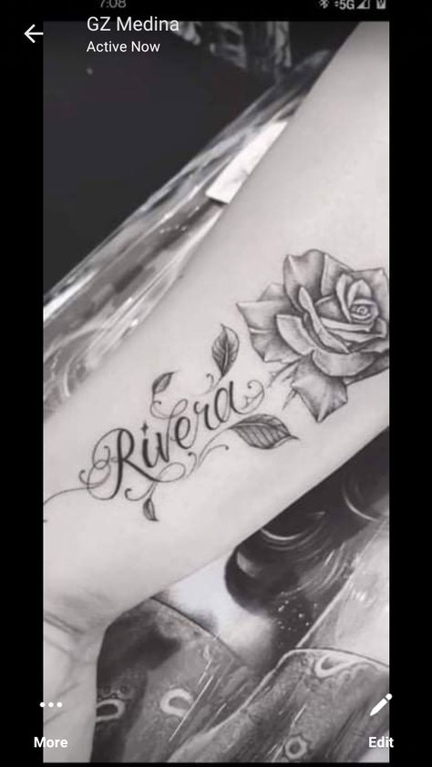 Guys Name Tattoo Ideas, Rodriguez Tattoo Name On Arm, Rose Name Tattoos For Women, Rodriguez Tattoo, Last Name Tattoos, Blessed Tattoos, Tattoos Back, Tattoos Pretty, Be Brave Tattoo