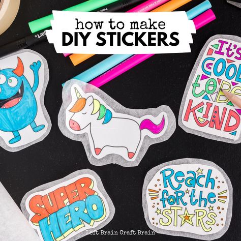 Make your own DIY stickers with a super easy process using basic supplies. Kids will love this activity. They're fun to add to presents, too. How Make Stickers, How To Make Your Own Stickers, How To Make Stickers Homemade, Diy Stickers Homemade, Diy Vinyl Stickers, Escuela Diy, Brain Craft, Homemade Stickers, Kids School Supplies