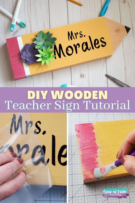 diy teacher wooden pencil sign tutorial Diy Wooden Teacher Gifts, Pencil Wood Sign Teacher Gifts, Diy Teacher Pencil Sign, Diy Teacher Gifts With Cricut, Teacher Craft Ideas, Wood Pencil Teacher Gift, Pencil Sign For Teacher, Teacher Signs For Classroom Diy, Wood Pencil Sign