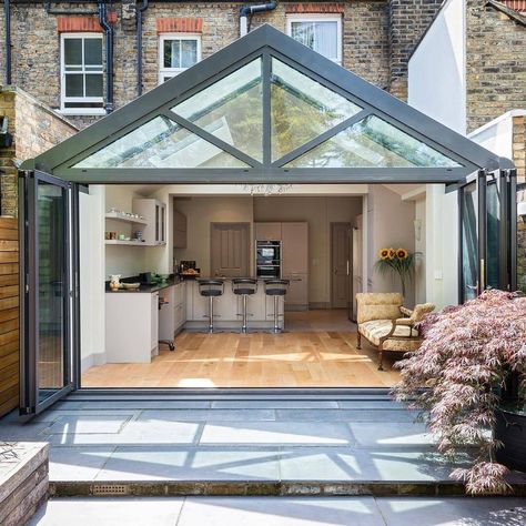 12 real kitchens with conservatory extensions | Fifi McGee Kitchen Conservatory Extension, Gable Extension, Bifold Doors Extension, Glazed Gable, Modern Conservatory, Conservatory Extension, Kitchen Conservatory, Conservatory Kitchen, Building Extension