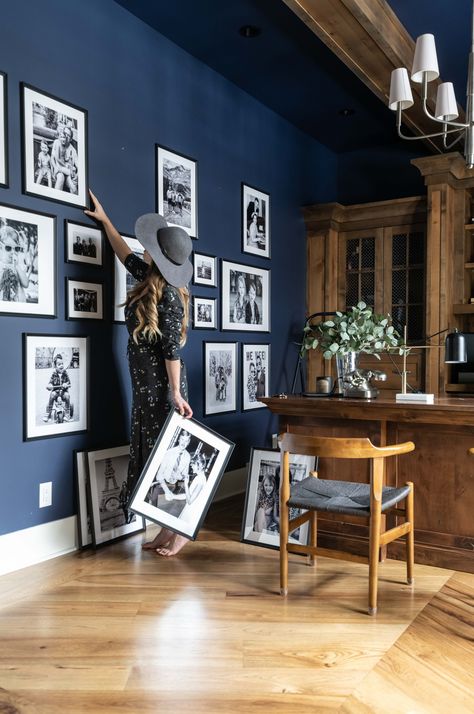 Hallway Gallery, Family Gallery Wall, Diy Gallery Wall, Dark Blue Walls, Navy Walls, Family Photo Wall, Navy Blue Walls, Coastal Interiors Design, Playroom Art