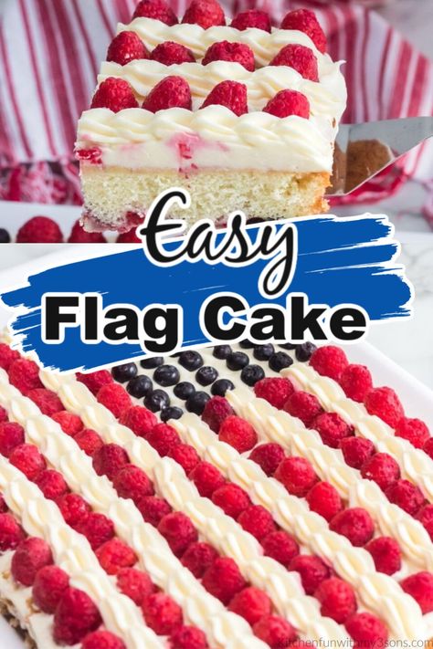 This incredibly Easy Berry Flag Cake Recipe is perfect for Memorial Day or 4th of July. With no special decorating skills needed, this cake is a combination of a moist white cake topped with a cream cheese frosting and then the flag is made with fresh fruit. This is one of the easiest Flag Cake you can make. Easy Flag Cake, Flag Cake Recipe, Cake Pinterest, Homemade White Cakes, American Flag Cake, Moist White Cake, Patriotic Cake, Cream Cheese Frosting Cake, Berries And Cream