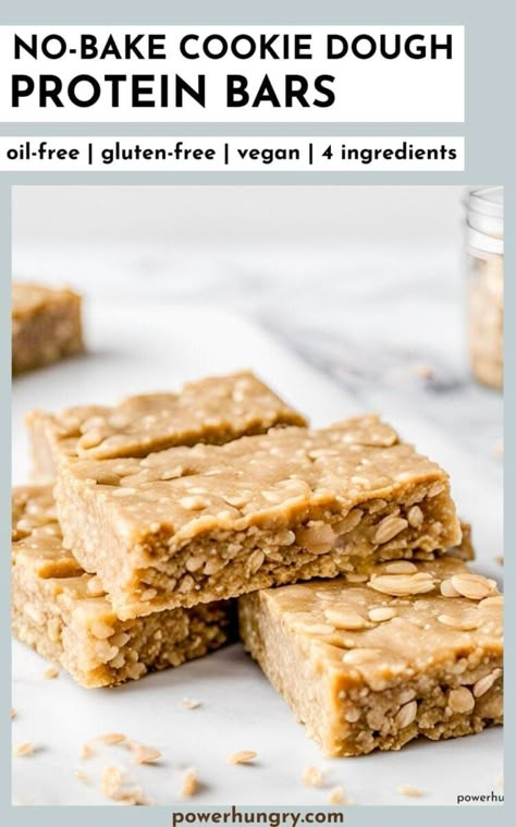 4 ingredient vegan no-bake cookie dough protein bars are super-easy, high-protein, gluten-free, oil-free, inexpensive and delicious! #proteinbars #vegan #veganprotein #vegansnack #wfpb #glutenfree #oats #veganbars #plantbased #plantbasedprotein #proteinpowder #proteinpowderrecipe Dairy Free Protein Bars, Cookie Dough Protein Bars, Tournament Food, Vegan No Bake Cookies, No Bake Protein Bars, Gluten Free Protein Bars, Cookie Dough Protein, Fall Food Ideas, Dairy Free Protein