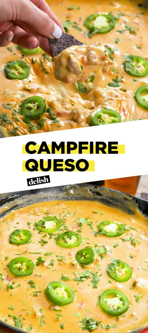 Campfire Queso is the cheesiest, meltiest app you'll make this summer. Get the recipe at Delish.com. #recipe #easy #easyrecipe #queso #cheese #appetizer #app #camping #mexican #peppers #spicy #jalapeno Campfire Queso Dip, Campfire Queso, Camping Nachos, Campfire Nachos, Food To Take Camping, Hiking Recipes, Mexican Dip, Campfire Recipes, Queso Recipe