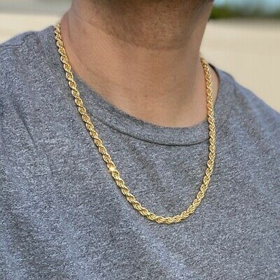 (eBay) Mens 14K Gold Plated Over 925 Sterling Silver Italy Rope Hip Hop Chain 24" 6MM Men Neck Chain Designs Gold, Boys Gold Chain Designs, Gents Chain Design Gold, Real Gold Chains For Men, Black Fortuner, Gold Chain Design For Men, Mens Neck Chains, Neck Chain For Men, Fortuner Car