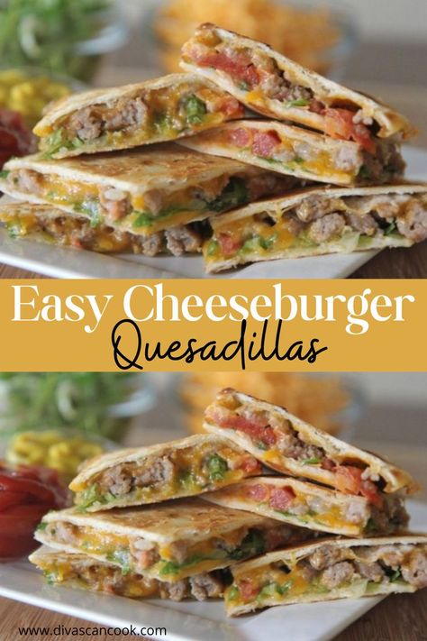 These little guys do a great job at packing in all the juicy flavors of a cheeseburger!! With that buttery golden tortilla, I almost prefer these cheeseburger quesadillas over a regular cheeseburger. Serve with some ketchup and mustard for dipping! Quick Easy Kid Friendly Meals, Cheeseburger Quesadillas, Easy Lunches For Kids, Lunch Planning, Divas Can Cook, School Lunch Recipes, Quick Lunch Recipes, School Recipes, Recipes For Kids