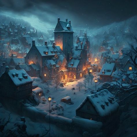 Winter Town Fantasy Art, Winter Village Fantasy Art, Snowy Village Fantasy Art, Fantasy Winter City, Fantasy Snow Landscape, Snow Concept Art, Snowy Town, Fantasy Winter, Winter Town