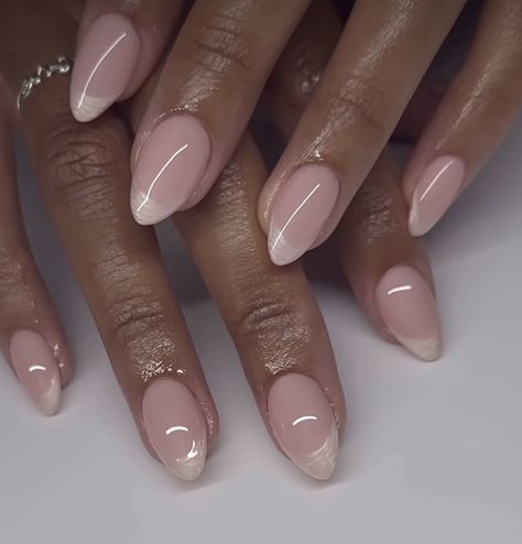 Beige Almond French Tip Nails, Neutral Pink French Tip Nails, Biab French Nail, Nude Almond French Tip, Slim French Tip Nails Almond, Narrow Almond French Tip, Trendy Oval Nails, Short Pointy Nails, French Manicure Gel Nails