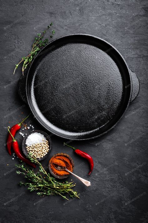 Empty cast-iron pan with ingredients for cooking on black background, top view By sea_wave¡¯s photos #Ad , #AD, #pan, #ingredients, #iron, #Empty Cooking Logo, Cast Iron Frying Pan, Kitchen Logo, Coffee Restaurants, Blueberry Cake, Cooking Pan, Logo Food, Cast Iron Pan, Fresh Berries