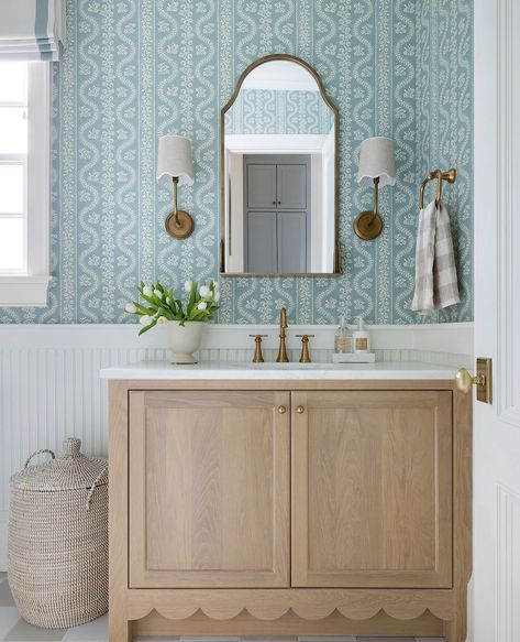 The sweetest scallops 😍 In love with this darling bathroom by @briahammelinteriors ! 🤍 Love the scalloped cabinetry and the adorable scalloped shades on the Ariel sconces! 👌 📷: @spacecrafting_photography Coastal Vanity, Vanity Design Ideas, Rattan Vanity, Colonial Chic, Bria Hammel Interiors, Coastal Bathroom Design, Bria Hammel, Girl Bathrooms, Pool Bathroom