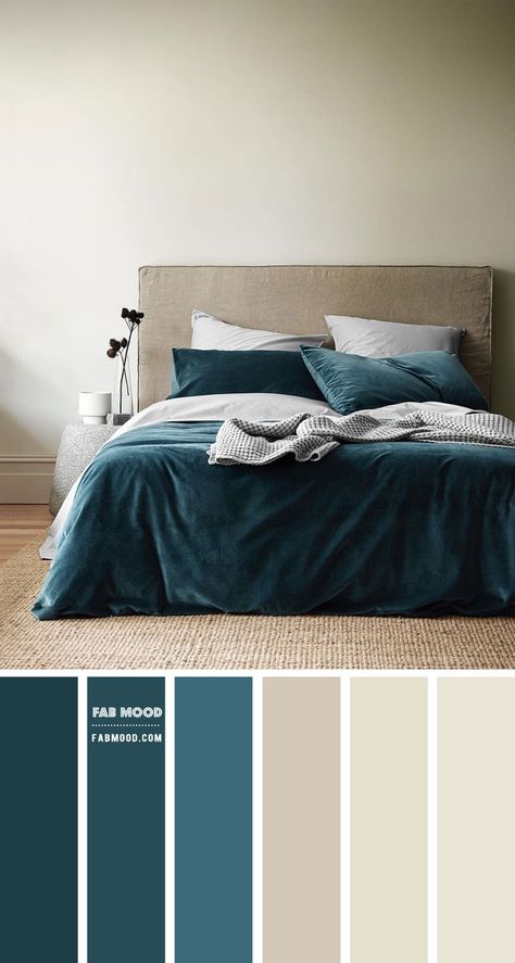 Beige Teal Bedroom, Bed Colours Color Schemes, Beige Bedroom Palette, Teal Velvet Bedding, Beige Color Combinations Bedroom, Teal Velvet Bed, Teal Colour Palette Bedroom, Teal Beige Color Palette, Beige Wall Bedroom Ideas Colour Schemes