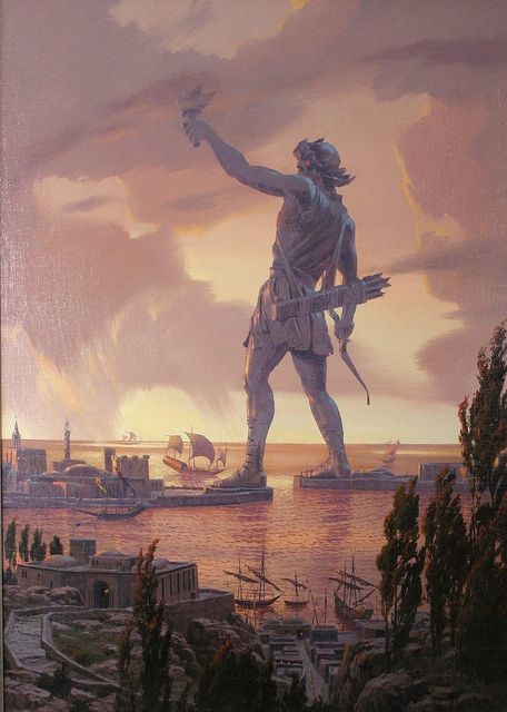 The Colossus of Rhodes was a statue of the Greek god Helios, erected on the Greek island of Rhodes by Chares of Lindos between 292 and 280 B... Colossus Of Rhodes, Imperiul Roman, Symbole Viking, 7 Wonders, Greek History, 다크 판타지, Fantasy City, Seven Wonders, Mythology Art