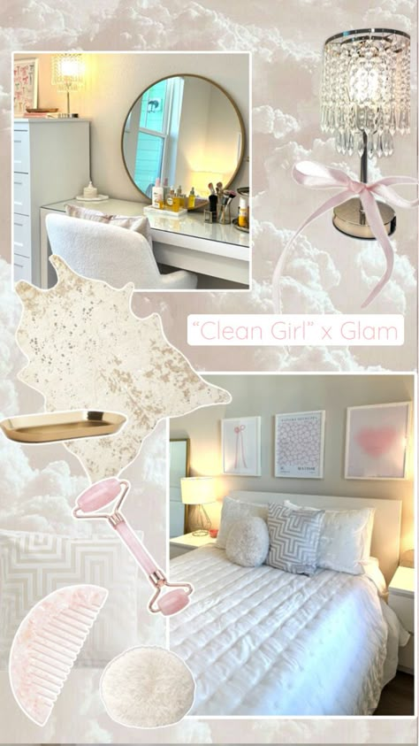 “Clean girl” aesthetic bedroom decor with luxe textures, shimmering accents, and gold. Small Dorm Room, Small Dorm, Glam Bedroom, Casa Vintage, Bedroom Style, Study Room Decor, Classic Bedroom, Dream Room Inspiration, Room Makeover Bedroom