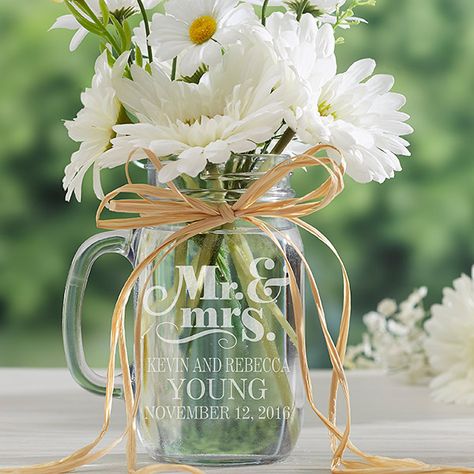 Names Last Name, Mason Jar Flower Arrangements, Diy Anniversary Gifts, Mason Jar Glasses, Wedding Centerpieces Mason Jars, 50th Wedding Anniversary Party, Mason Jar Flowers, Diy Anniversary, Mason Jar Wedding