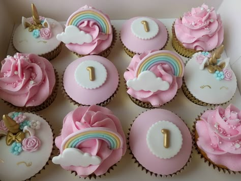 unicorns and rainbows for a 1st birthday Cupcakes Unicorn Birthday, Rainbow Cupcakes For Girls Birthday, Pastel Unicorn Cupcakes, 1 Year Birthday Cupcakes, 1st Birthday Girl Cupcakes, First Birthday Cupcakes Girl, 1st Birthday Cupcakes Girl, Unicorn Cupcakes Ideas, Unicorn Birthday Cupcakes