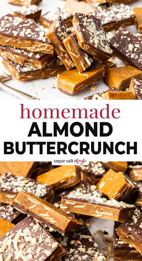 This Homemade Almond Roca recipe is just 6 ingredients cooked and combined to make a crunchy toffee filled with almonds and topped with chocolate. Also known as buttercrunch toffee or almond buttercrunch, this candy is easy to make and a great edible gift. Learn how to make this crunchy, crumbly, buttery and sweet treat for yourself or for holiday gift giving with all the tips and tricks you need for candy making. Pecan Roca Toffee Recipe, Things To Make With Almonds, Almond Roca Recipe Easy, Almond Brittle Easy, Edible Gift Recipes, Homemade Almond Roca Recipe, Almond Roca Recipe, Roca Recipe, Toffee Fudge