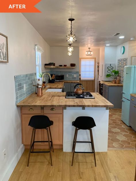 After: kitchen counter with two high stools pulled up Southwestern Style Kitchen, Awkward Kitchen, Southwestern Kitchen, Terracotta Tile Floor, Kitchen Bar Counter, 1920s Bungalow, Grey Subway Tiles, Counter Seating, Galley Kitchen