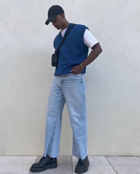 Blue Sweater Vest Outfit Men, Blue Vest Outfit Men, Blue Sweater Vest Outfit, Vest Outfits Men Streetwear, Vest Men Outfit, Blue Vest Outfit, Streetwear Summer Fashion, Ae Outfits, Blue Jeans Outfit Men