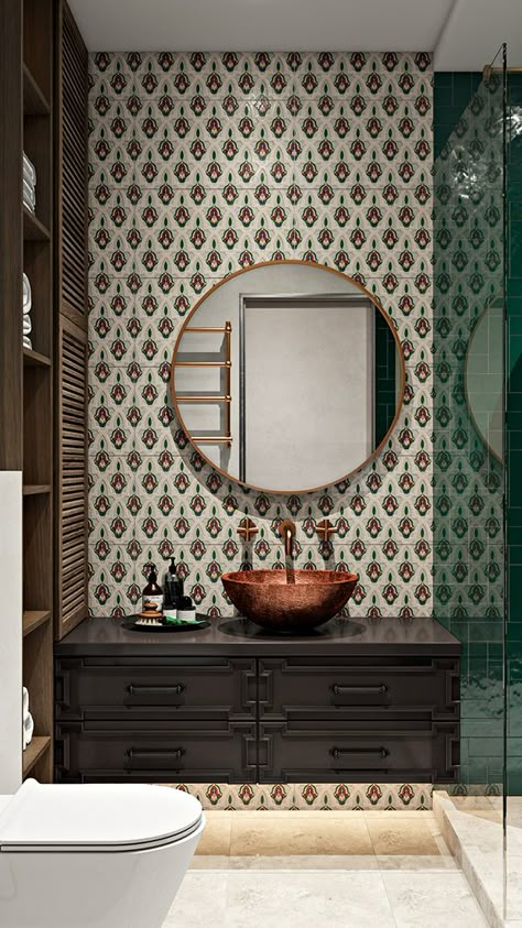 Eclectic style apartment :: Behance Shower Small Bathroom, Eclectic Bedroom Design, Bathroom Organizing, Brown Leather Chairs, Small Bathroom With Shower, Style Apartment, Pattern And Texture, Eclectic Bathroom, Eclectic Bedroom