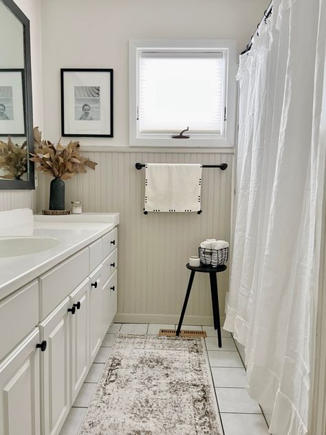 Easy Bathroom Refresh with a Cost Breakdown - Chronicle in the Pines Bathroom Decor Ideas Colors Shower Curtains Master Bath, Cream Farmhouse Bathroom, Simple Guest Bathroom Decor, White Bathroom Curtain Ideas, Bathroom Wallpaper Neutral, Small Bathroom Ideas Shower Curtain, White And Copper Bathroom, Beige Bathroom Ideas Color Combos, Beadboard In Bathroom