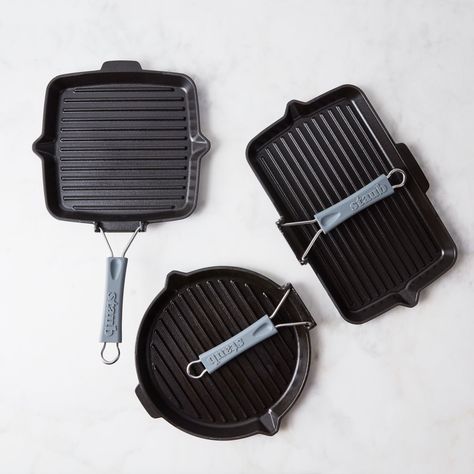 Staub Cast Iron Compact Grill With Folding Handle by Food52 - Dwell Cast Iron Grill Pan, Enameled Cast Iron Cookware, Grilled Bread, Cast Iron Grill, Grill Plate, Bright Kitchens, Cast Iron Cooking, Clever Storage Solutions, Garage Design