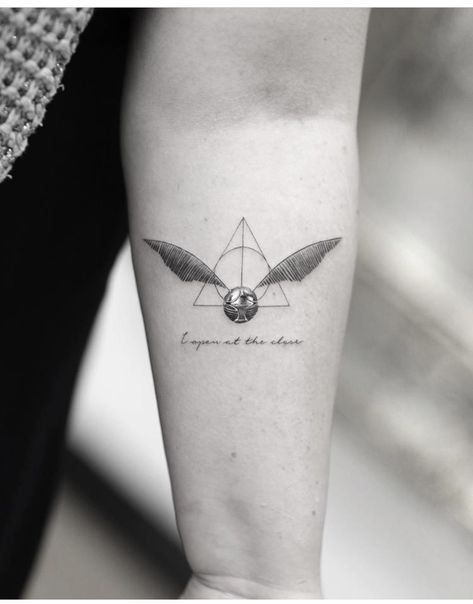 Triangle Neck Tattoo, Harry Potter Tattoo Unique, Tiny Harry Potter Tattoos, Coldplay Tattoo, Golden Snitch Tattoo, I Open At The Close, Snitch Tattoo, Tattoos That Mean Something, Harry Potter Tattoo Sleeve